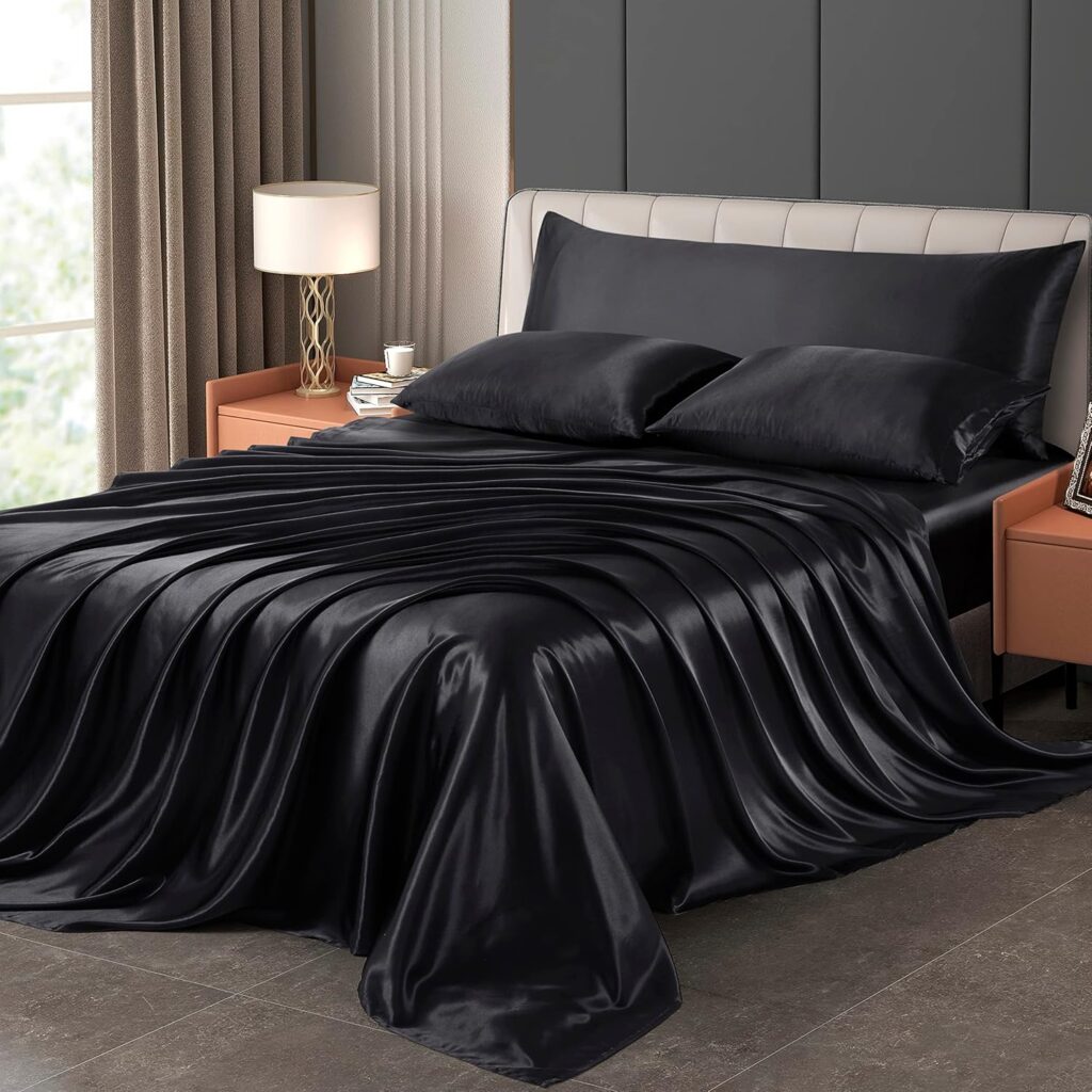 DengChao 4PCS Twin Size Satin Sheets Set Silky Sheets Black Soft Satin Pillowcase Wrinkle-Free Breathable Sheet Set Fitted Sheet 14 Deep Pocket, Satin Flat Sheet  2 Pillowcases…