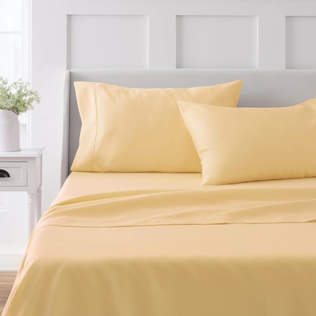 MARTHA STEWART 100% Cotton Queen Sheet Set - 4 Piece, Soft, Smooth, Durable, Easy Care, 16 Deep Pocket Sheets, Bedding Sheets, Sateen Sheets, 1 Flat, 1 Fitted, 2 Pillowcases, Yellow