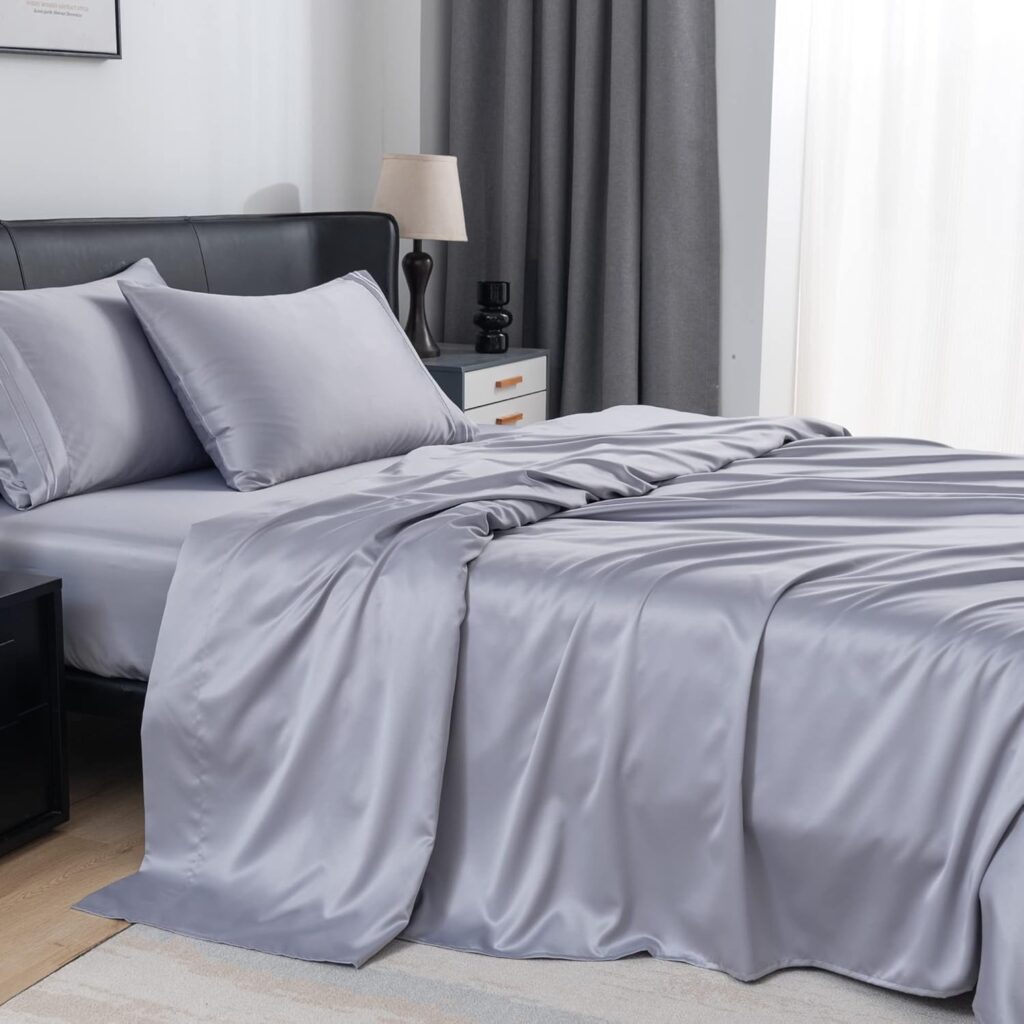 Queen Sheets - 100% Luxury Satin Bed Sheets Set - 4pc Silk Like Cooling Sheets for Queen Size Bed - 16 Deep Pocket (Queen, Grey)