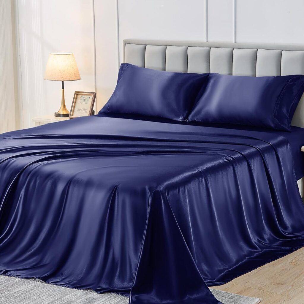 Sasttie Satin Sheets Queen Size, Navy Satin Bed Sheets Queen, Silky Sheets Queen Size Bed Set, Satin Queen Sheet Set Includes 1 Flat Sheet, 1 Fitted Sheet, and 2 Pillowcases