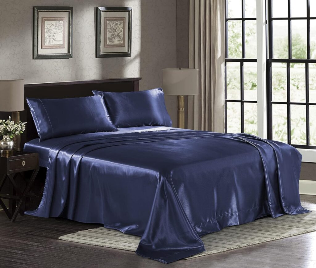 Satin Sheets Queen [4-Piece, Midnight Blue] Hotel Luxury Silky Bed Sheets - Extra Soft 1800 Microfiber Sheet Set, Wrinkle, Fade, Stain Resistant - Deep Pocket Fitted Sheet, Flat Sheet, Pillow Cases