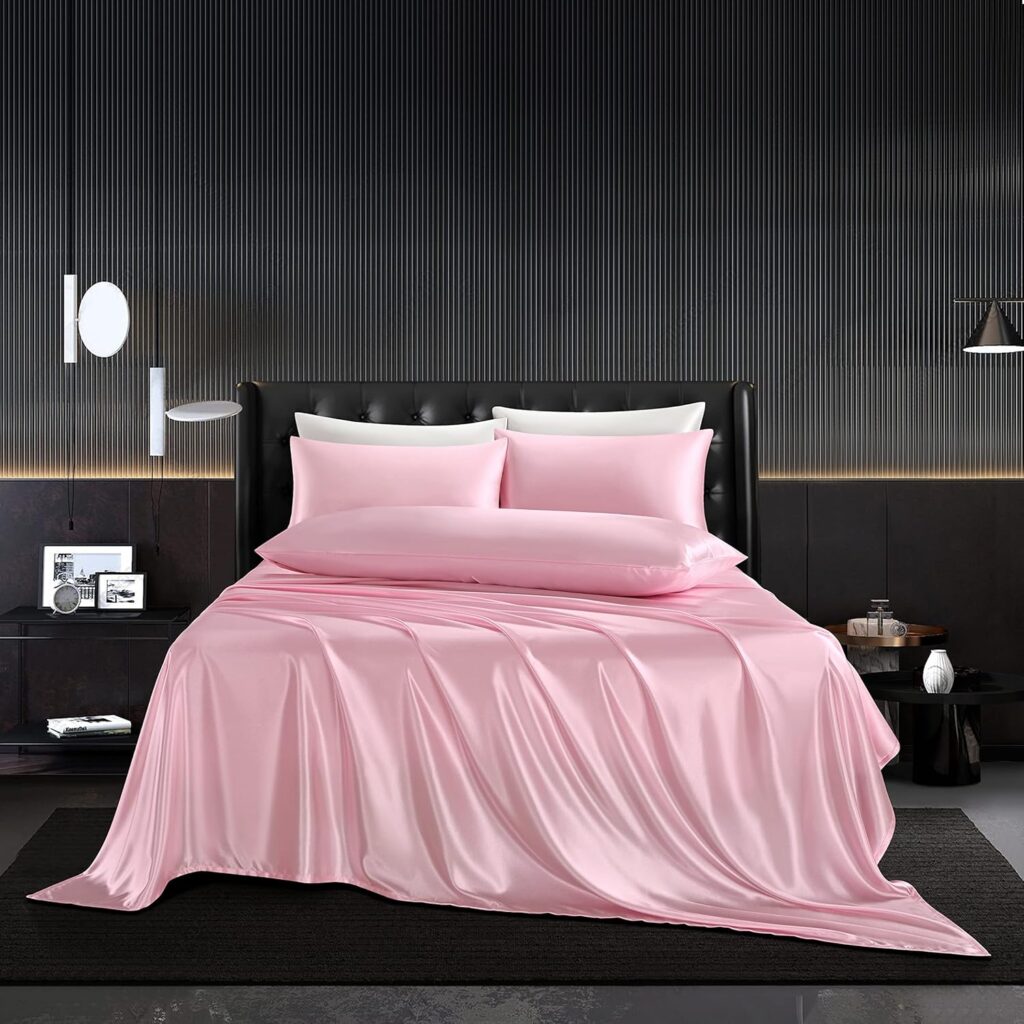 5Pcs Pink Silk Sheets Full Size Satin Sheets Set Silky Breathable Luxury Bedding Sheets Set with 1 Satin Flat Sheet,1Deep Pocket Fitted Sheet,3 Pillowcases