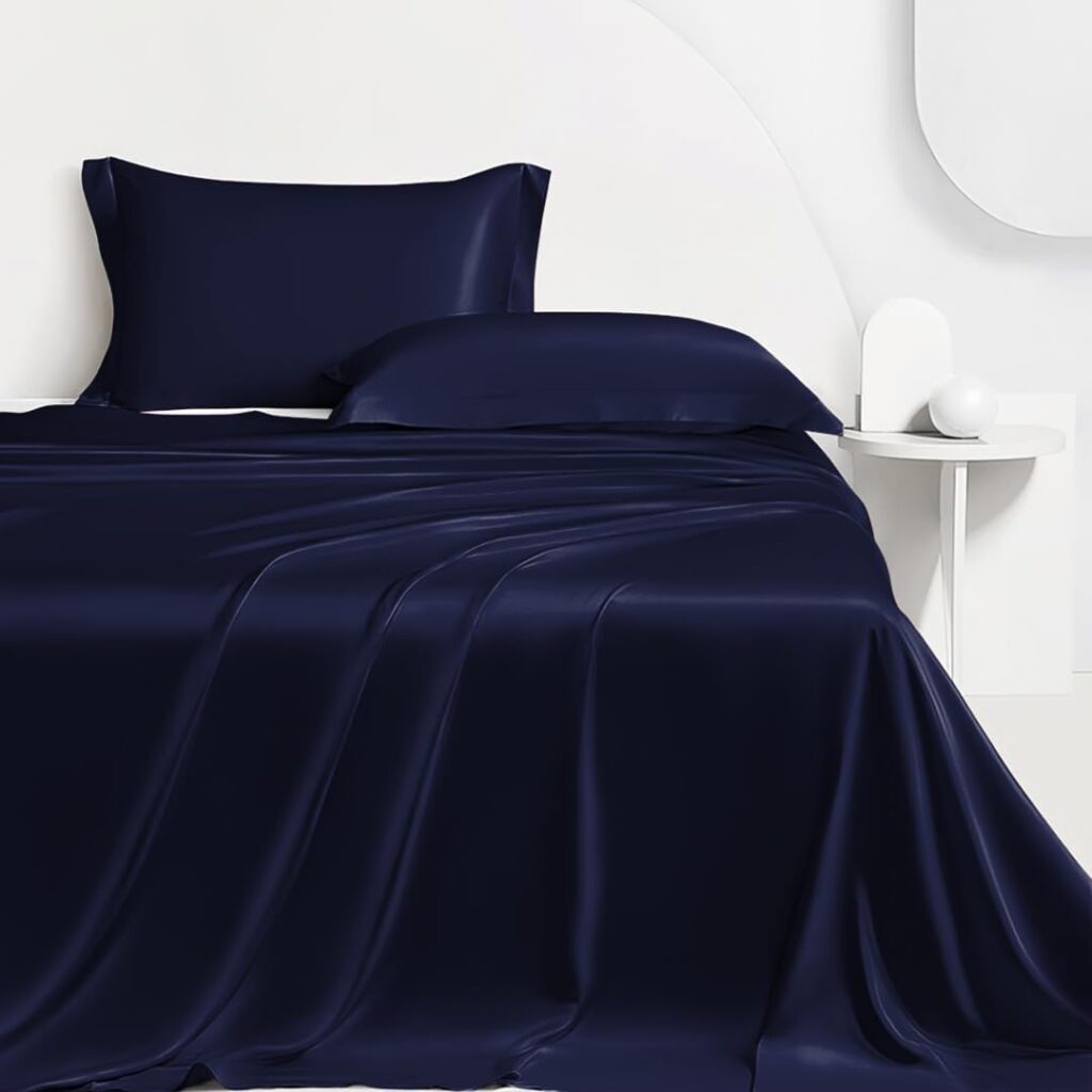 AL AHMEDANI LINEN Blue Satin Sheets Queen Size - Luxurious 4-Piece Queen Silk Sheets Set - Silky Smooth, Deep-Pocket 1 Fitted Sheet, 1 Flat Sheet, 2 Pillowcases