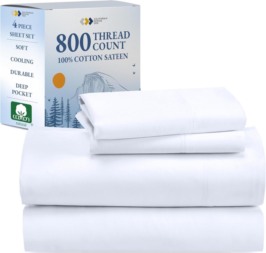 California Design Den Luxury 800 Thread Count King Size Sheets Set - 100% Cotton Sheets, Deep Pocket King Sheets - Soft, Cooling  More Comfortable Than Egyptian Cotton Sheets (White Sheets Set)