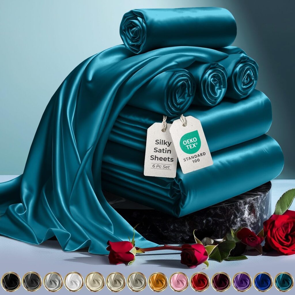 DECOLURE Satin Sheet Queen Set 6pcs - Genuine  Luxurious Silk Feel Sheets Queen w/Deep Pocket - Elegant All-Season Satin Silky Soft Queen Size Satin Bed Sheets - Comfy Satin Sheets Set (Sea Teal)