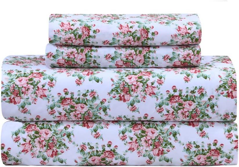 Feather  Stitch Softest 100% Cotton Sheets, 300 Thread Count Percale Weave Bedding, 16 Deep Pocket, Cooling Sheets, Breathable Bed Set, Hotel Premium Quality (Queen, Floral)