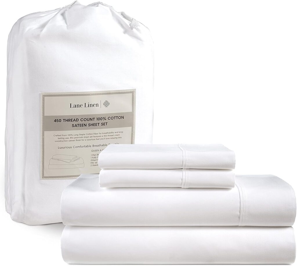 LANE LINEN 450 TC Queen Sheet Set, 100% Cotton Sheets for Queen Size Bed, Cooling Sheets Queen Size, Soft and Breathable Bed Sheets Queen, Deep Pocket Queen Sheets - White Queen Sheets