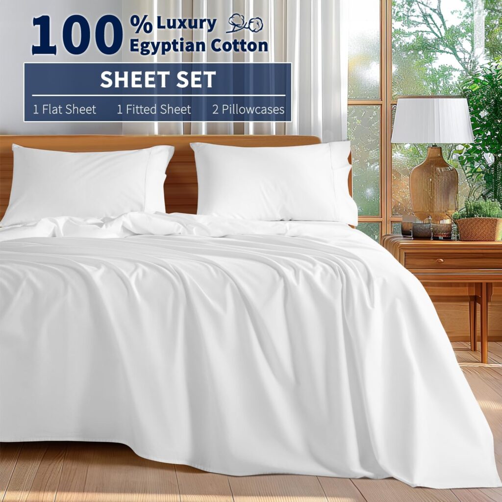 Shilucheng 100% Cotton Queen Size Sheets Set，Luxury Egyptian Cotton Bed Sheets，5-Star Hotel Quality Sheets, Breathable  Cooling, 16 Inch Deep Pocket - 4 Piece (White, Queen)