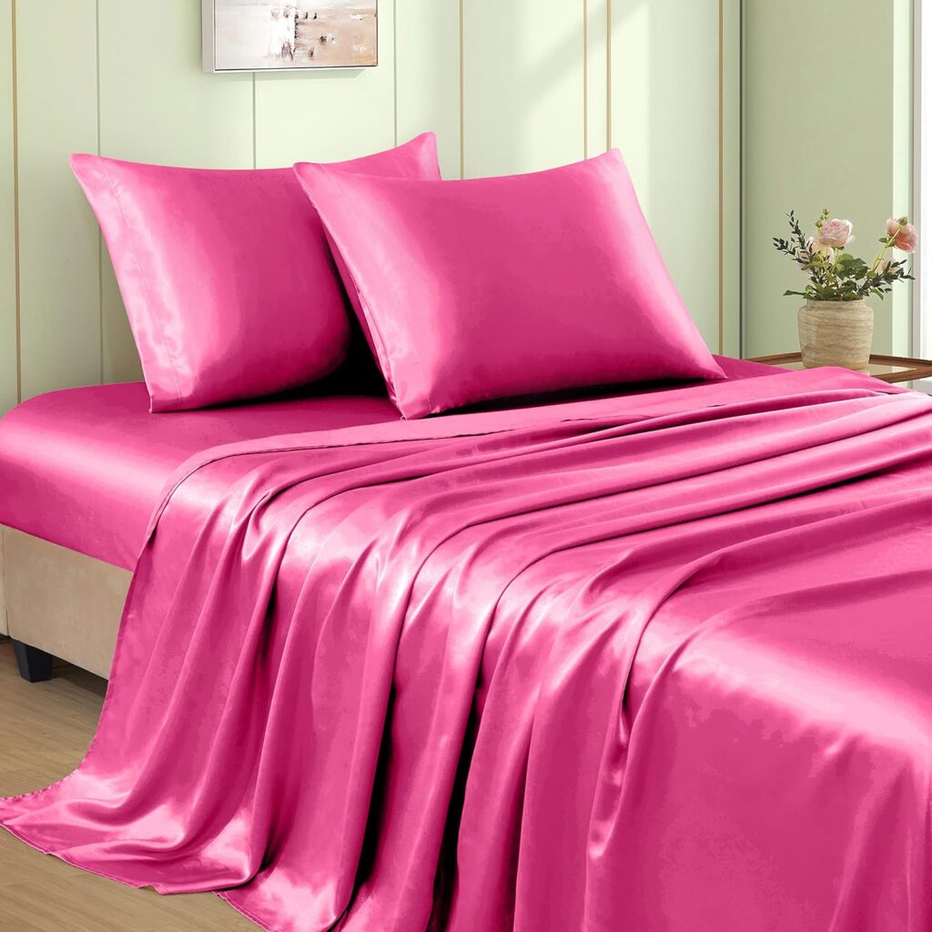 VACVELT 3pcs Hot Pink Satin Sheets Twin Size Bed Set, 15 Inch Deep Pocket Silky Satin Sheet Set, Soft Satin Bedding Set Cooling  Luxury Bed Sheets, 1 Fitted Sheet + 1 Flat Sheet + 1 Pillowcase