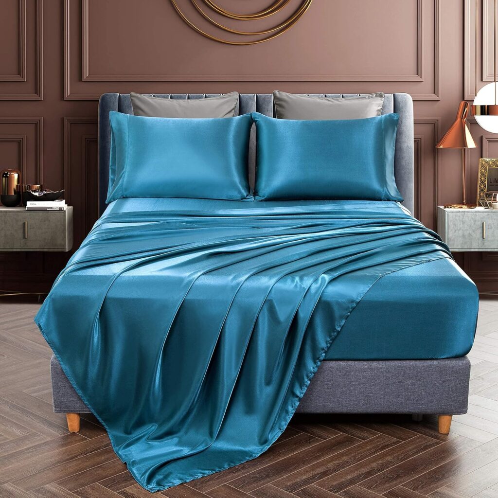 3 Piece Satin Sheets Twin Size Luxury Silky Satin Bed Sheets Set, Wrinkle, Fade, Stain Resistant, 1 Deep Pocket Fitted Sheet + 1 Flat Sheet + 1 Pillowcases (Ocean Teal)