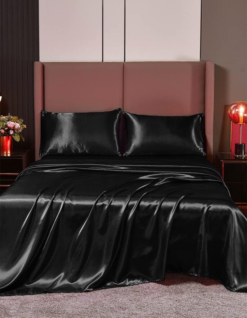 4 Pc Silk Satin Sheets Set | Silk Satin Fitted Sheet | Silk Satin Flat Sheet | Silk Pillowcase | 4 Pc Silk Satin Sheet Set | Hotel Quality Silky Soft Luxurious !!!! Black, Queen