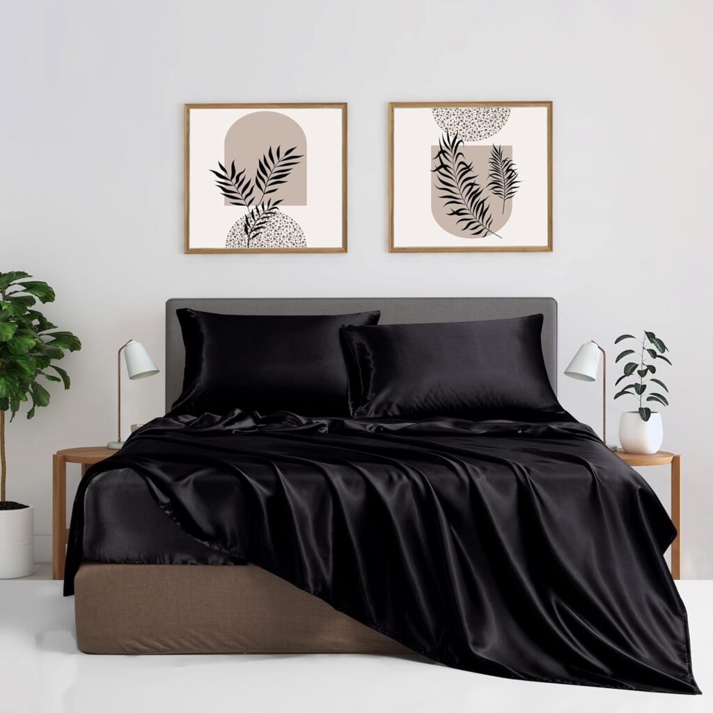 Bed Sheet Set Gentle Silky Smooth Cooling Sheets Easy-Fit 600 Thread Count Deep Pocket Wrinkle and Color Fade Resistant Low Maintenance Satin 15-Inch 4 Piece Satin Sheet Set(Black, Full)