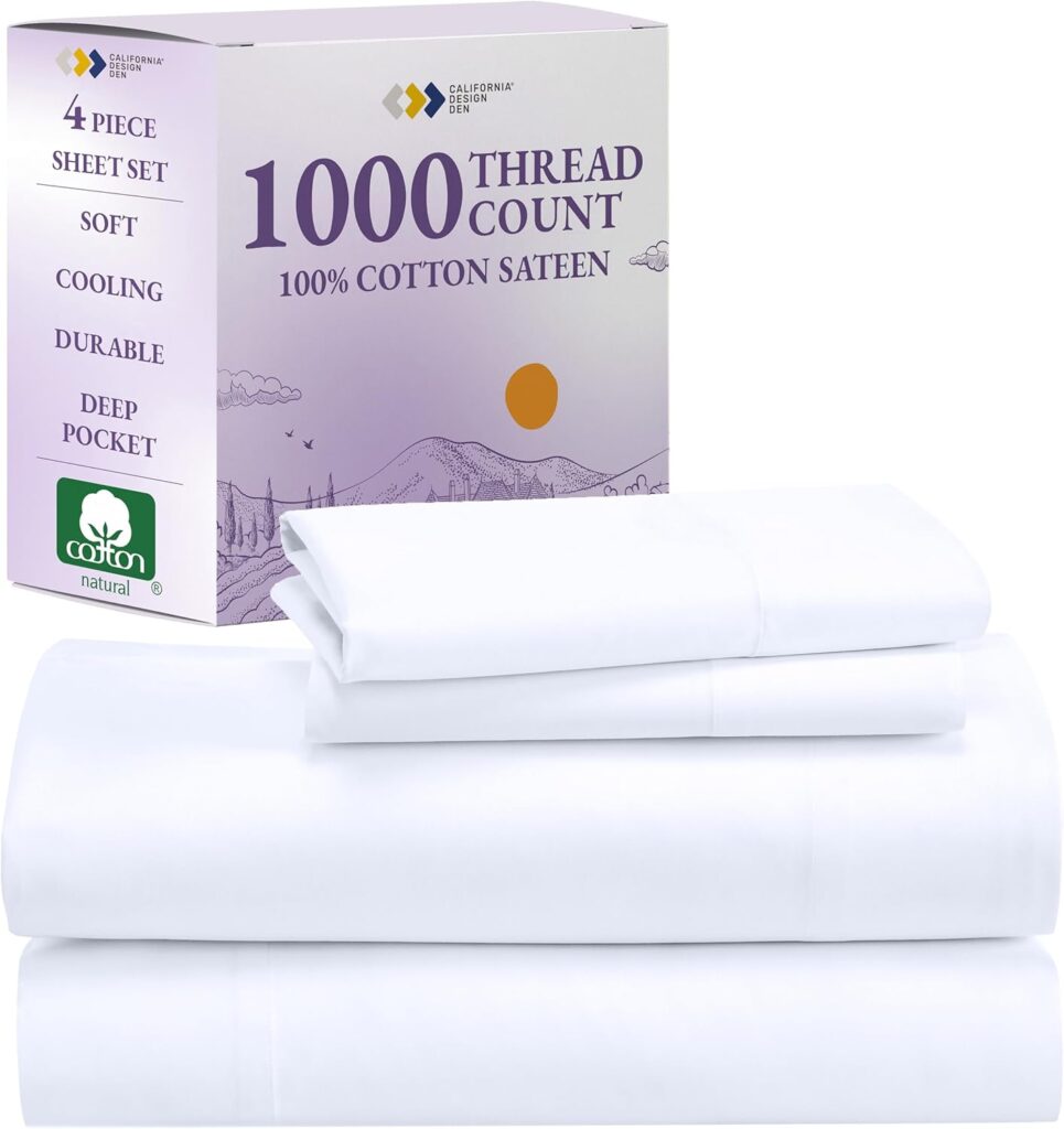 California Design Den 1000 Thread Count Queen Size Sheet Set, Winner Architectural Digest Best Sheet, Luxury 100% Cotton Sateen Bed Sheets, Softer Than Egyptian Cotton (White)