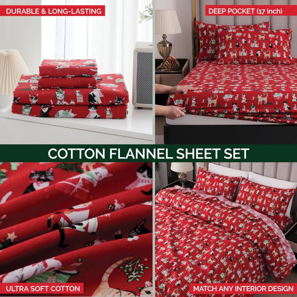 Elegant Comfort Ultra Soft 4-Piece 100% Turkish Cotton Flannel Sheet Set - Holiday Christmas Flannel Sheets, Warm and Cozy Premium Quality, Deep Pocket Fitted Sheet- King, Maya Flower