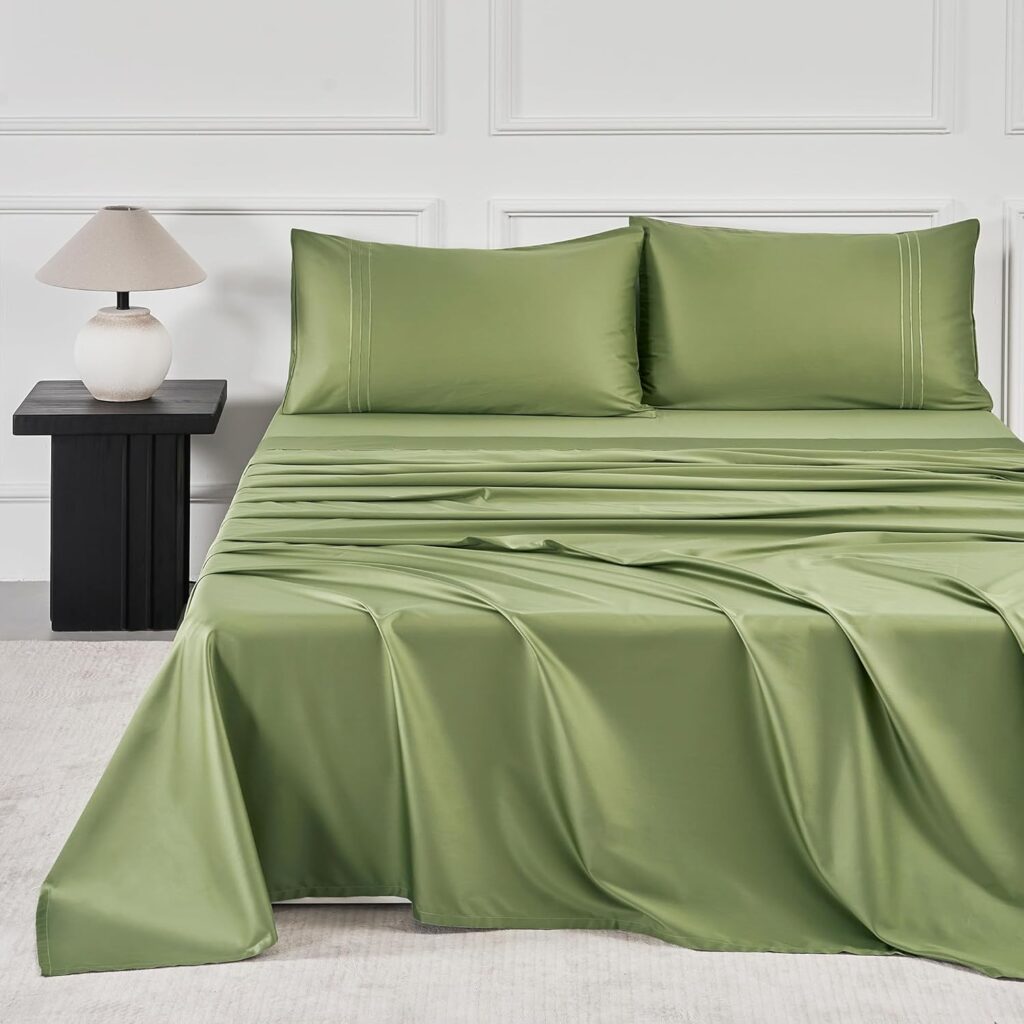 JELLYMONI Queen Sheet Sets Green - 400 Thread Count 100% Cotton Sheets, 4 Pieces Silkly Sateen Cotton Sheet Set, Wrinkle Free Hotel Luxury Bedding