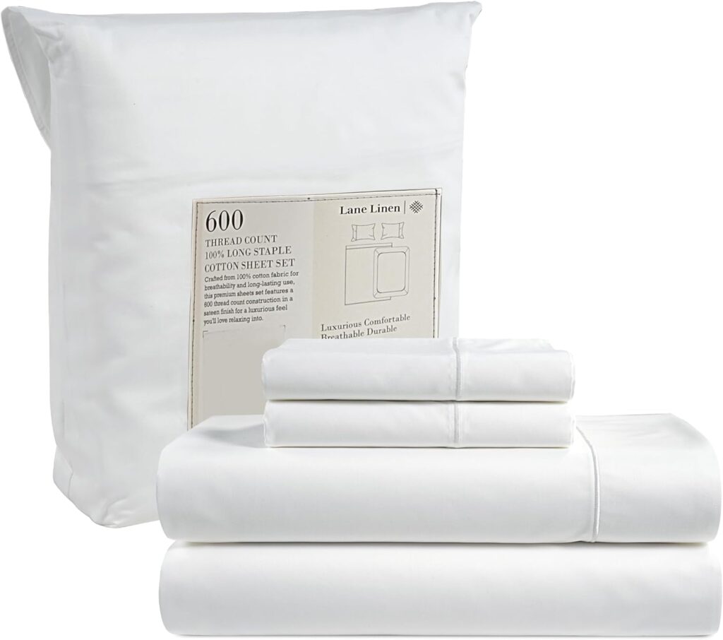 Lane Linen White Sheets King Size Set - 4 PCs, 600 TC King Size Sheets Set - 100% Cotton Sheets King Size - Ultra Soft White King Sheets Set - Sateen Weave - White Bed Sheets King Size Deep Pocket Set