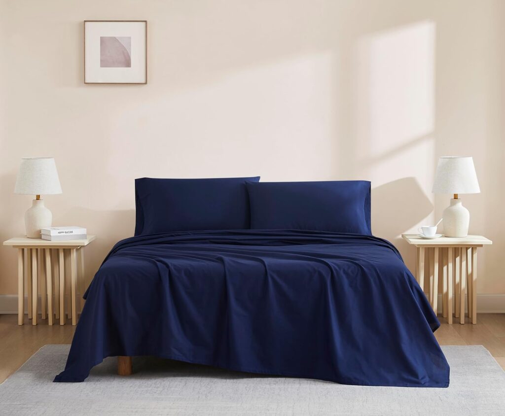 Linen Closet Luxury Cotton 144 Thread Count Organic Cotton 4-Piece Sheet Set, Full, Navy