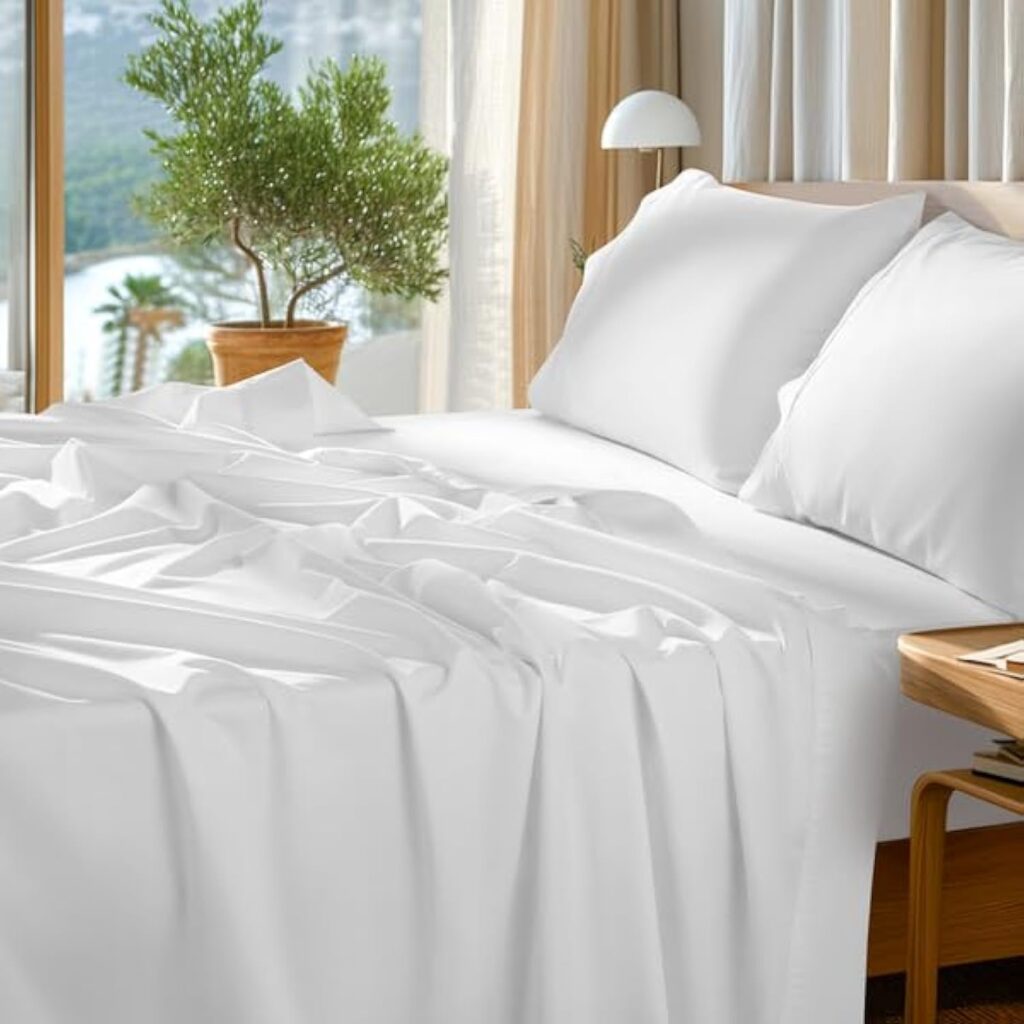 SONORO KATE 100% Egyptian Cotton Sheets Set - 1000 High Thread Count, Luxury 5-Star Hotel Sateen Bed Sheets, Soft, Breathable Long Staple Sheets, Fit up to 16 - 4 PC (White,Queen)