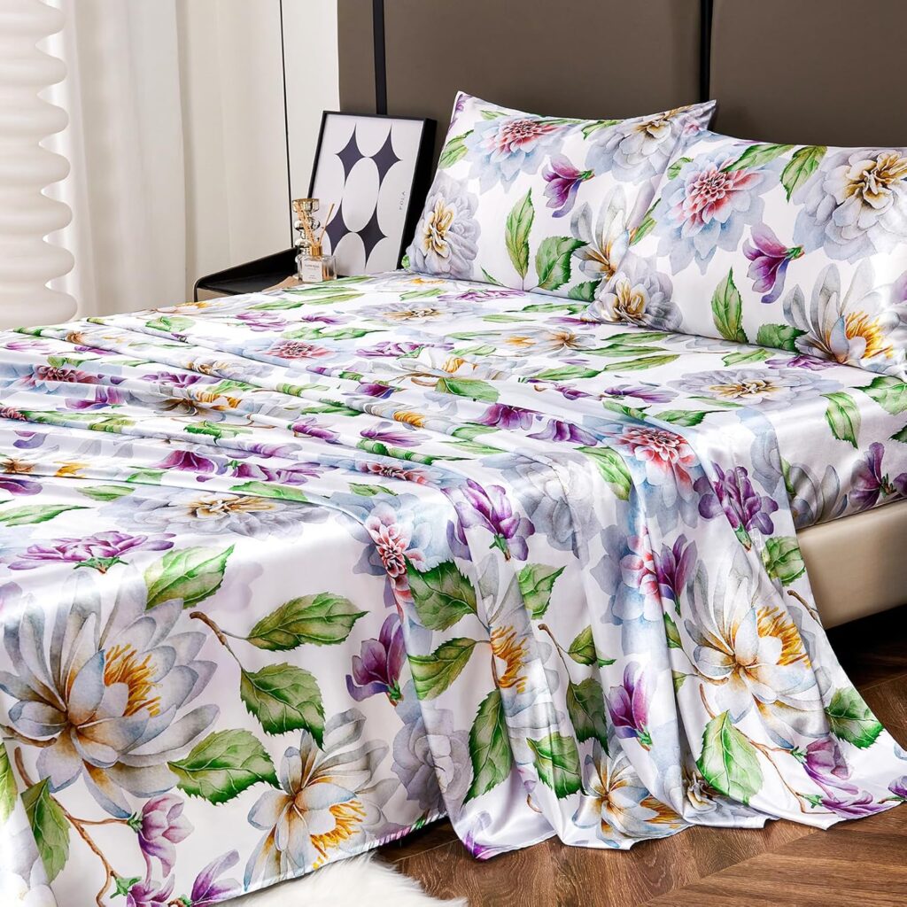 YIYEA Satin Sheets - Floral Print - Luxurious Silky Feel King Size Sheets- Elegant Smooth Satin Bed Sheets Set - 16 Deep Pocket, Ultra Soft, Hypoallergenic, and Fade Resistant - 4 PC