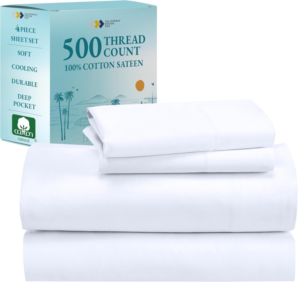 California Design Den 500 Thread Count 100% Cotton Sheets, Queen Size Sheet Set, Cooling Deep Pocket Bed Sheets with Fitted Elastic Sheet, Extra Soft Luxury Hotel Quality - White Sheets