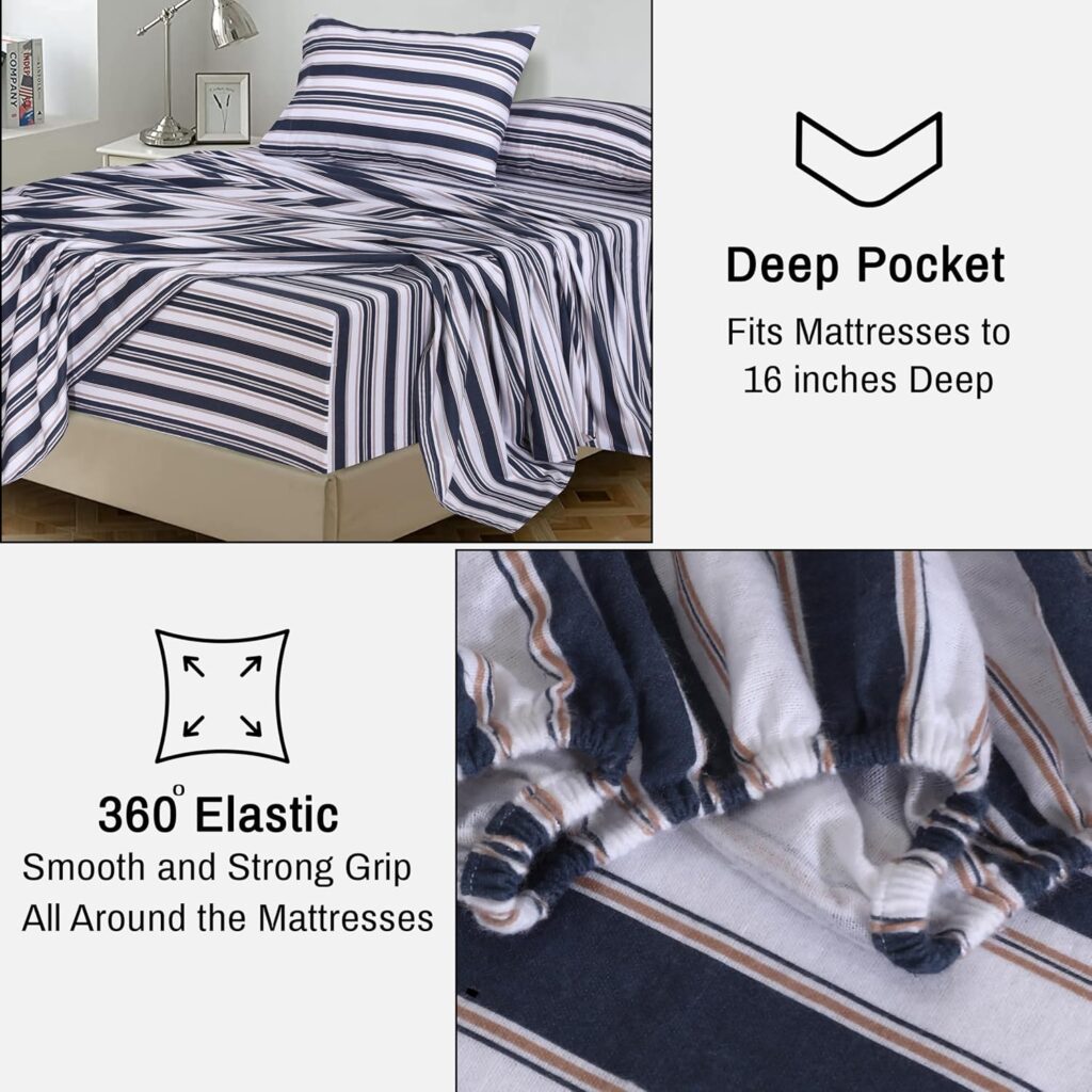 RUVANTI Flannel Sheets Queen Size - 100% Cotton Double Brushed Bed Sheets, Deep Pockets 16 Inches Queen Sheet Set, All Seasons Breathable  Extra Soft - Warm  Cozy, 4 Piece, Jasmine Stamp Cream