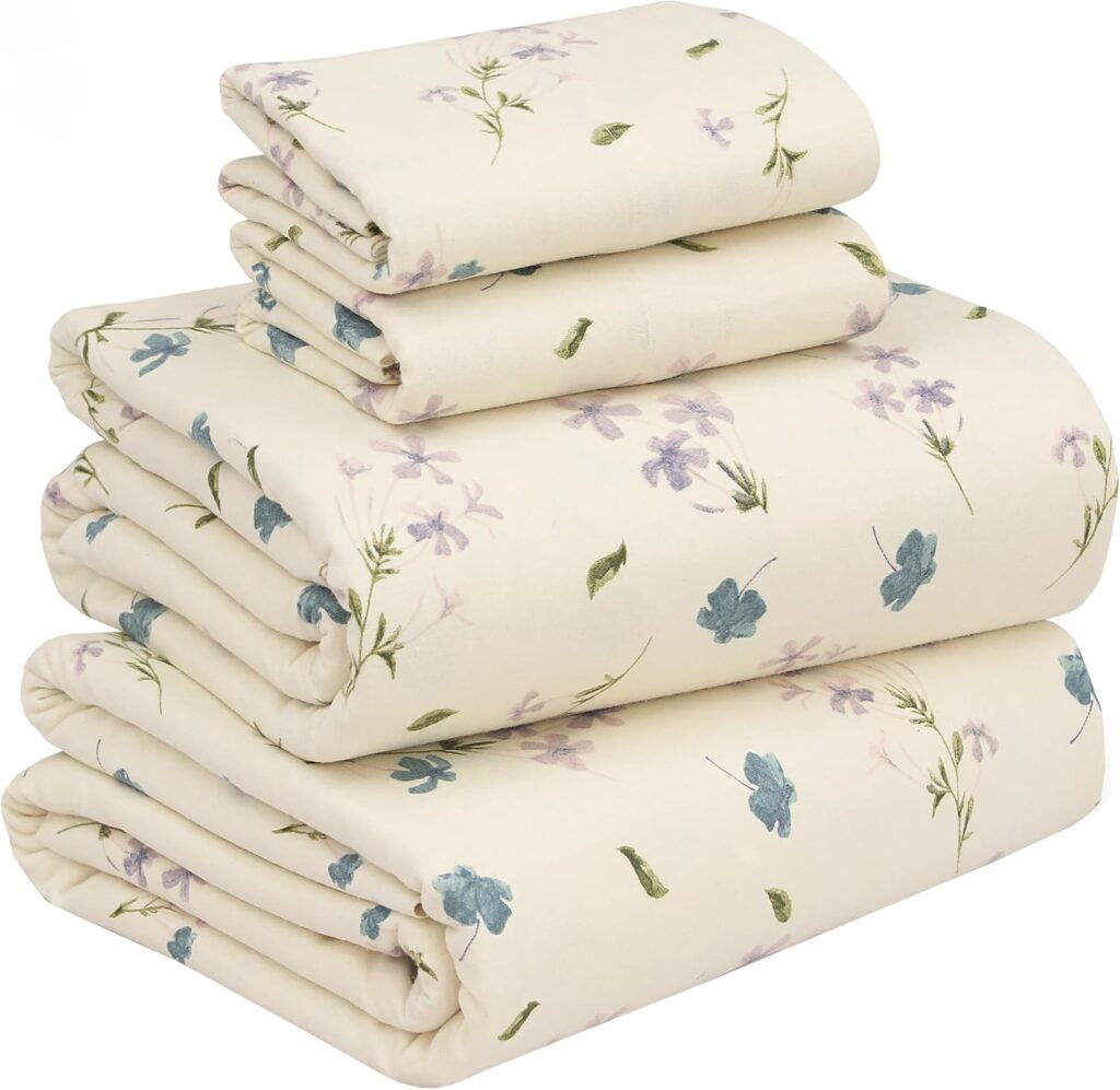 RUVANTI Flannel Sheets Queen Size - 100% Cotton Double Brushed Bed Sheets, Deep Pockets 16 Inches Queen Sheet Set, All Seasons Breathable  Extra Soft - Warm  Cozy, 4 Piece, Jasmine Stamp Cream