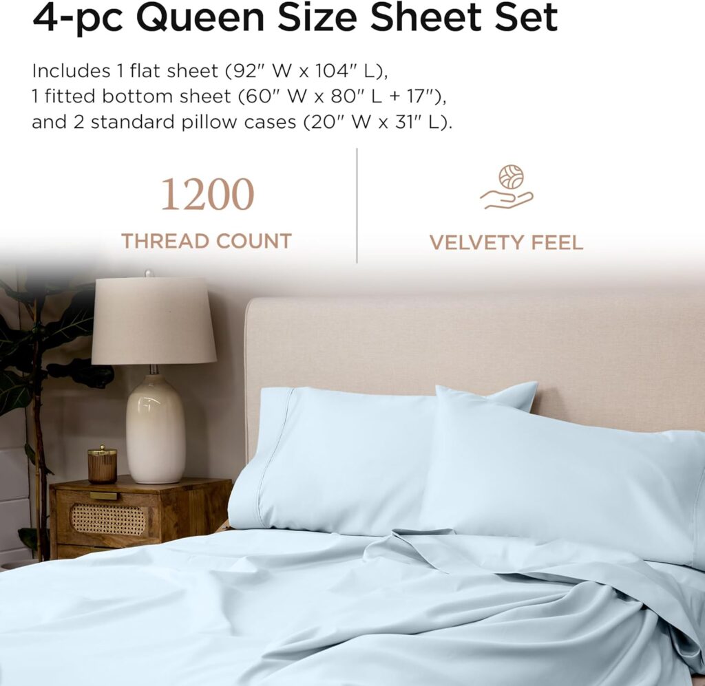 Threadmill 100% Supima Cotton Sheets, Luxury 1200 Thread Count Cotton Sheets for King Size Bed, 4 Pc Dark Grey King Bed Sheets Set, 5-Star Hotel Quality with Elasticized Deep Pocket King Sheets