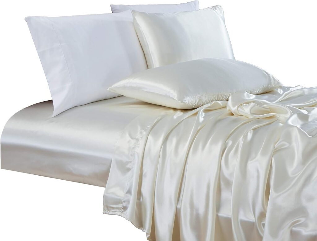 Chezmoi Collection 4-Piece Satin Sheet Set - Luxury Soft Silky Smooth Deep Pocket Bed Sheets - California King, Ivory