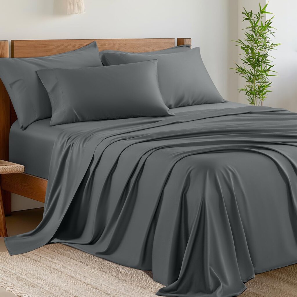 Shilucheng 6 Piece Queen Sheet Sets, Cooling Sheets, Blend Rayon Derived from Bamboo, Deep Pocket Up to 16, Breathable  Soft Bed Sheets, Hotel Silky Bedding Set, Dark Grey