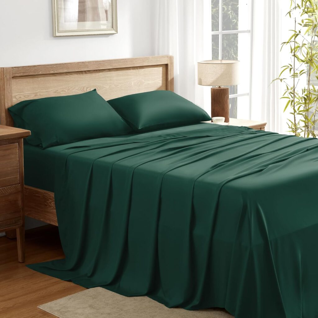 Andency Queen Sheets Set, 100% Viscose Derived from Bamboo, Cooling Summer Bed Sheets Queen Size, Deep Pocket Up to 16, Silky Soft Sheets, Hotel Bedding Sheets  Pillowcases, Dark Emerald Green