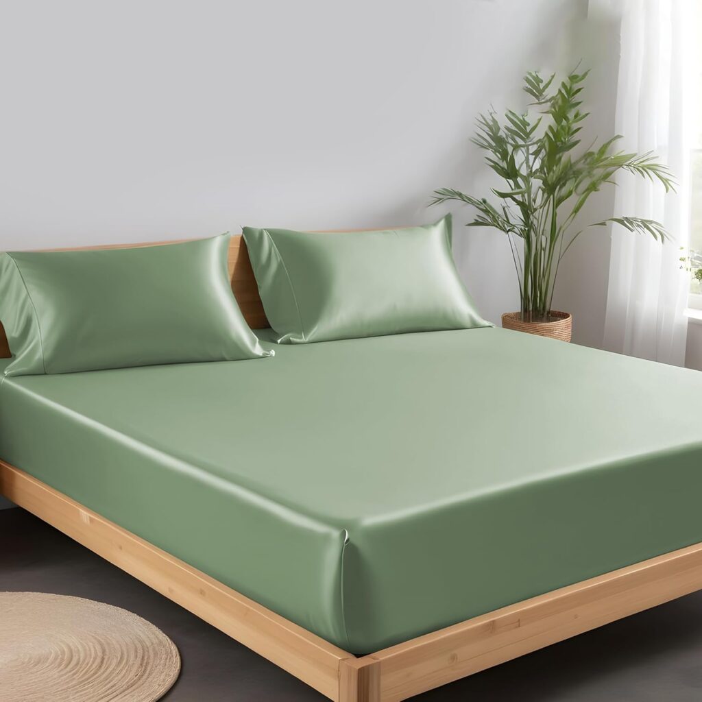 LINENWALAS Tencel Lyocell Fitted Sheet Only with Secure Snug Fit All Around Elastic 16 Inches Deep Pocket - Softest Cooling Eucalyptus Silk Bedding (Avocado Green, Queen)