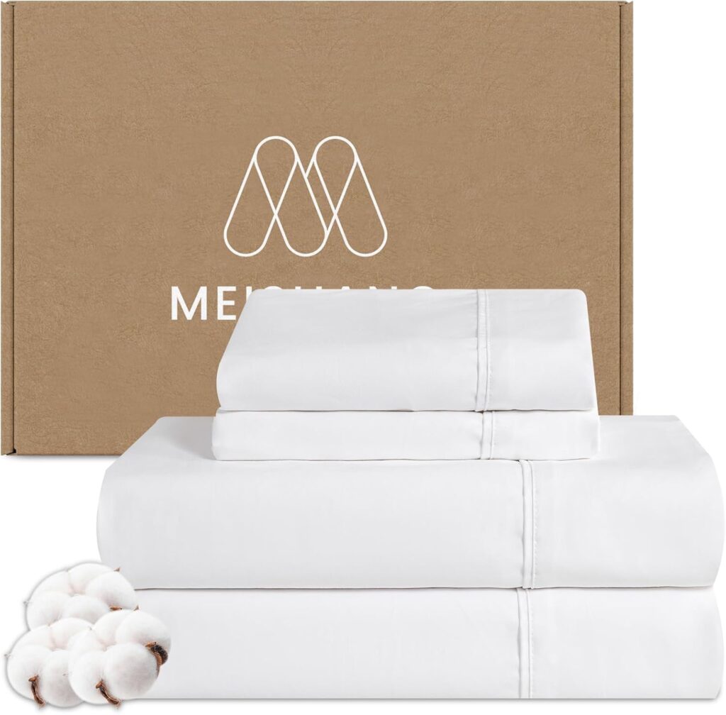 MEISHANG Cotton Sheets Queen Size - 100% Cotton 600 Thread Count Sheets, Soft Breathable Cooling Sateen Egyptian Cotton Bed Sheets with Deep Pocket, 4 Pieces Set White