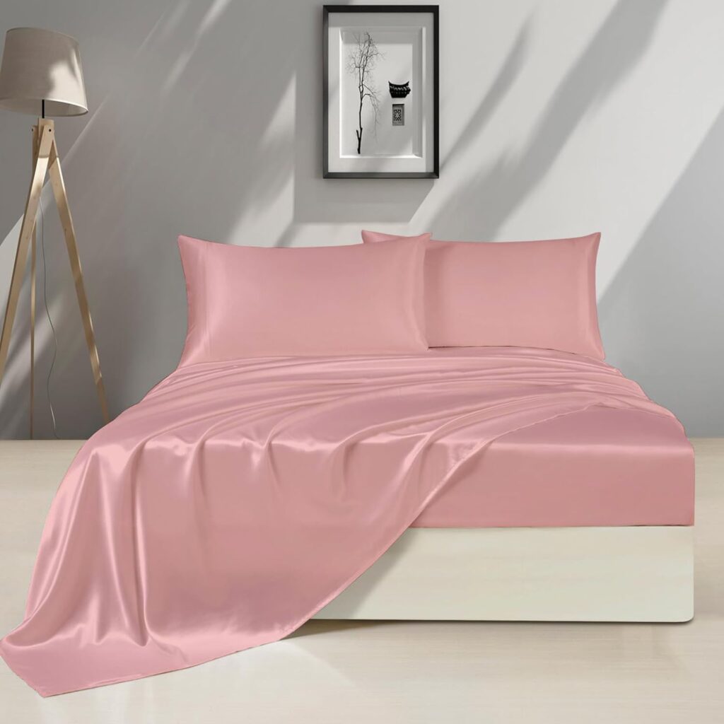 Silk Satin Bed Sheets Set - Satin Sheets Queen Size - 4 Piece Luxury Sliky Soft Bed Sheets - Deep Pocket Queen Satin Sheet Set with 1 Fitted Sheet, 1 Flat Sheet and 2 Pillowcases - Blush Pink