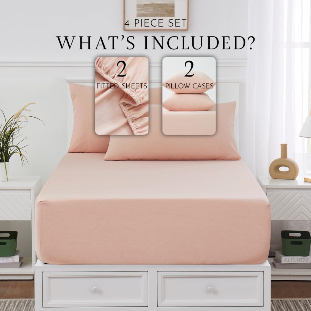 Linen Closet Cotton Rich Twin/Twin XL Dorm Sheet Set with Bonus Phone Pocket, Includes Two Fitted Sheets and Two Pillowcases, fits up to 14 Mattress, Rose