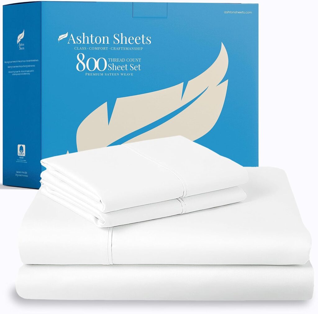 Ashton Sheets 100% Egyptian Cotton Queen Sheet Set - 800 Thread Count 4 PC Egyptian Cotton Sheets Queen Size, Luxury Sheets, Soft, Cooling, High Thread Count Sateen Sheets, 16 Deep Pocket - White