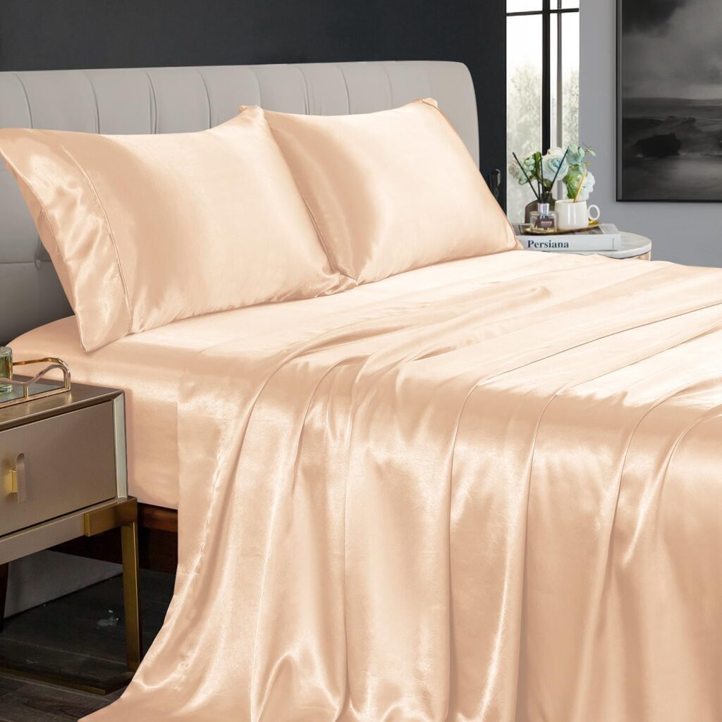 JOOKI Twin Size Satin Sheets Deep Pocket,Super Soft Cooling Sheets Twin Size,Twin Silk Sheets Set Deep Pocket,Wrinkle Free,Breathable, Champagne Gold