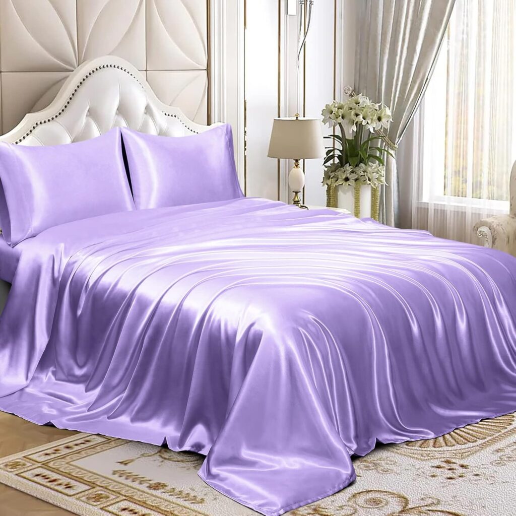 Silk Satin Sheet Set Full XL Size Bed Set 4 Piece Lavender Soft  Durable (Flat Sheet + Fitted 18 + 2 Pillowcases) Hotel Luxury Satin Sheets