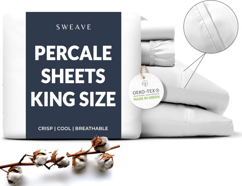 100% Cotton Percale Sheets King Size - Cool  Crisp Hotel Feeling, Breathable, Softer After Each Wash, Fitted Sheets with Deep Pockets, Double-Elastic  Corner Straps, Z-Hem Luxury Stitching