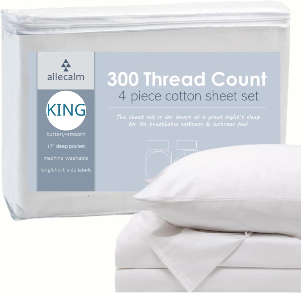 allecalm 100% Cotton Percale Sheets Set King Size, Breathable, Soft 17 inch Extra Deep Pocket, 4 Pcs Set, Fitted Sheet, Easy Fit, Hotel Luxury Bed Sheets for All Season for Dorm Room, Bed Room, White
