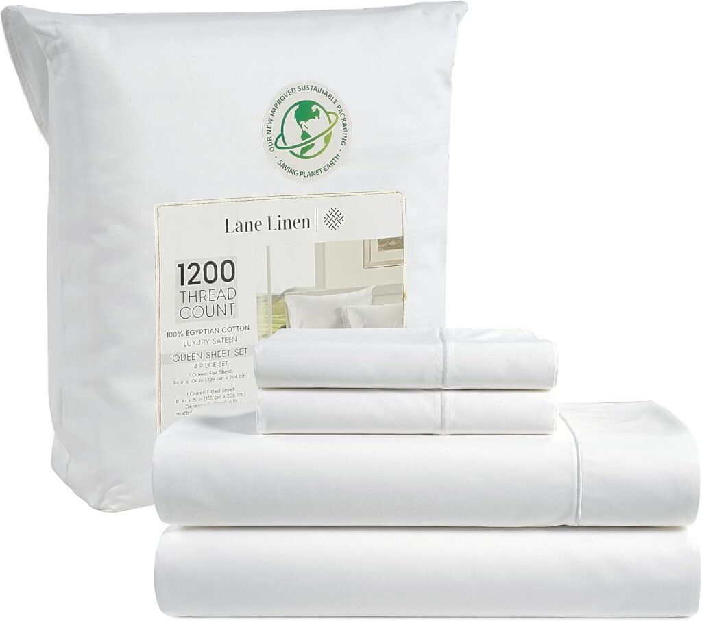 LANE LINEN 100% Egyptian Cotton King Size Sheets - 1200 TC, Luxury Sateen Weave, 4 Pc Set - 15 Deep Pocket Sheets - White