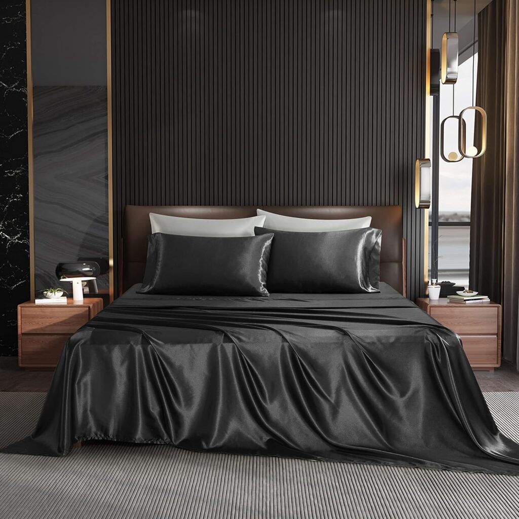 NA HommxJF 4PCS Black Satin Sheets Full Size Black Silky Silk Sheets Sets Bedding Sets  Pillowcases with 1 Flat Sheet+1 Deep Pocket Fitted Sheet+2 Pillowcases