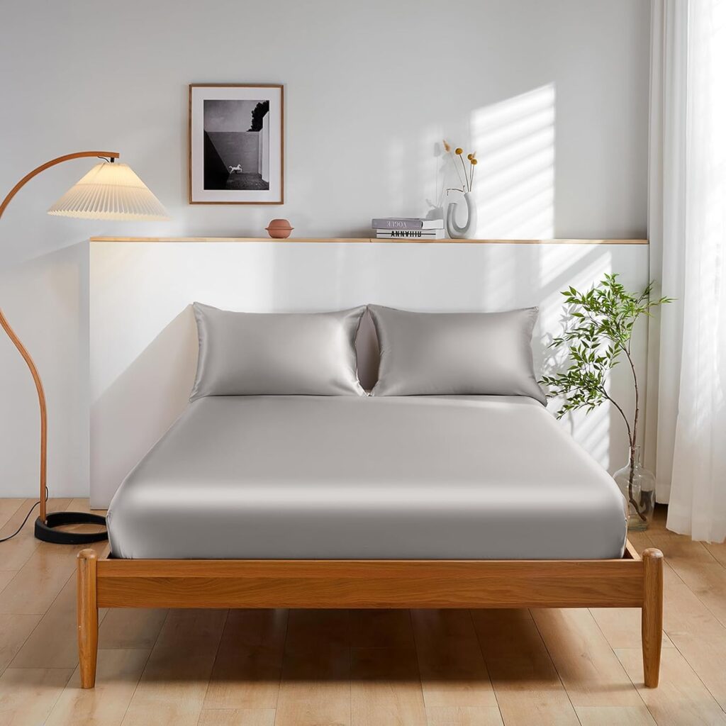 THXSILK 100% Mulberry Silk Bed Sheet Set - 3pcs Pure Silk Sheet Set - 16 Deep Pocket Fitted Sheet, 2 Pack Silk Pillowcase with Zipper Closure - King Size, Grey
