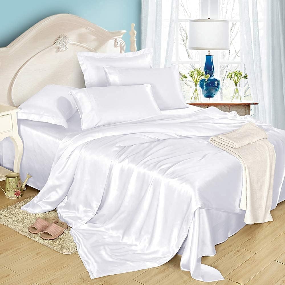 Twin XL Sheet Set 4pcs - Hotel Luxury 1000-Thread-Count 100% Satin Silk Sheet Extra Soft Cooling Bed Sheets Deep Pocket up to 16 inch Fits College Dorm Room Mattress - 3 Piece (Twin XL, White)