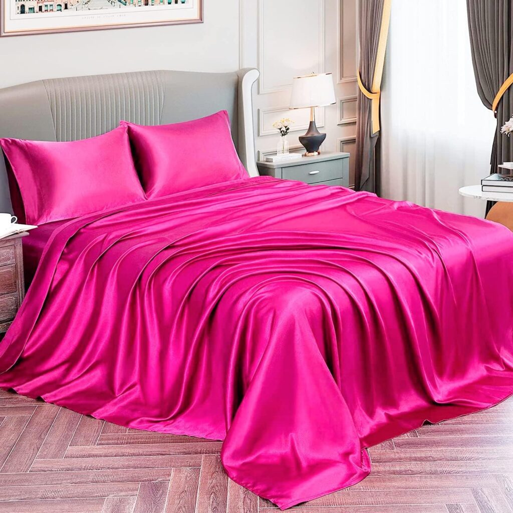 4 Piece Satin Sheet Set Bed Set Twin XL Size Bed Set 4 Piece Hot Pink Durable  Soft (Flat Sheet + Fitted 18 + 2 Pillowcases) Bed in a Bag Satin Sheet
