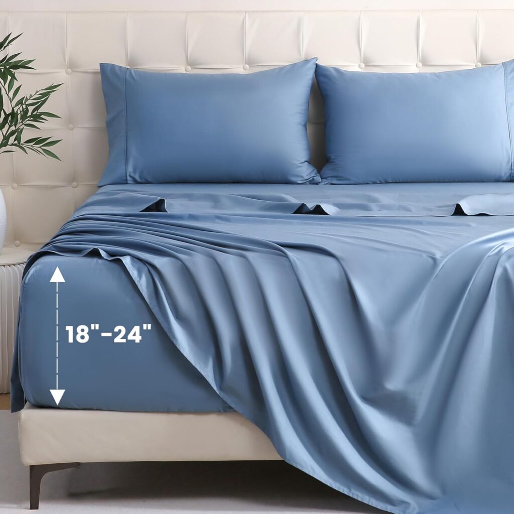 Bedlifes Queen Sheet Set, Extra Deep Pocket 18-24 Inches,1000Thread Count 100% Egyptian Cotton, Soft and Breathable Sateen 4-Piece,Mineral Blue