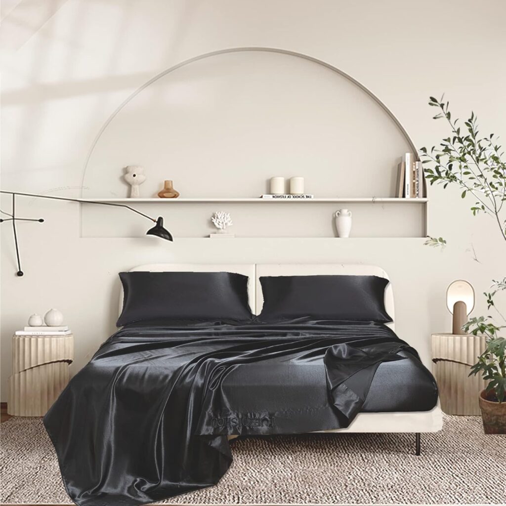 Black Satin Sheets Queen - 4pcs Silk Bed Sheets Queen Hotel Luxury Bedding Set -15 Deep Pocket Fitted Sheet  Flat Sheet  2 Pillowcases - Wrinkle, Fade, Stain Resistant