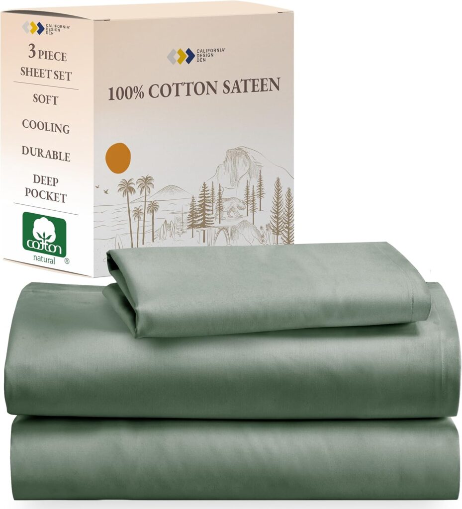 California Design Den XL Twin Sheets Set - Natural 100% Cotton Cooling Sheets with Deep Pockets, Soft Sateen Weave, Breathable and Durable Bedding Set for Dorm Rooms, College (Sage Green)