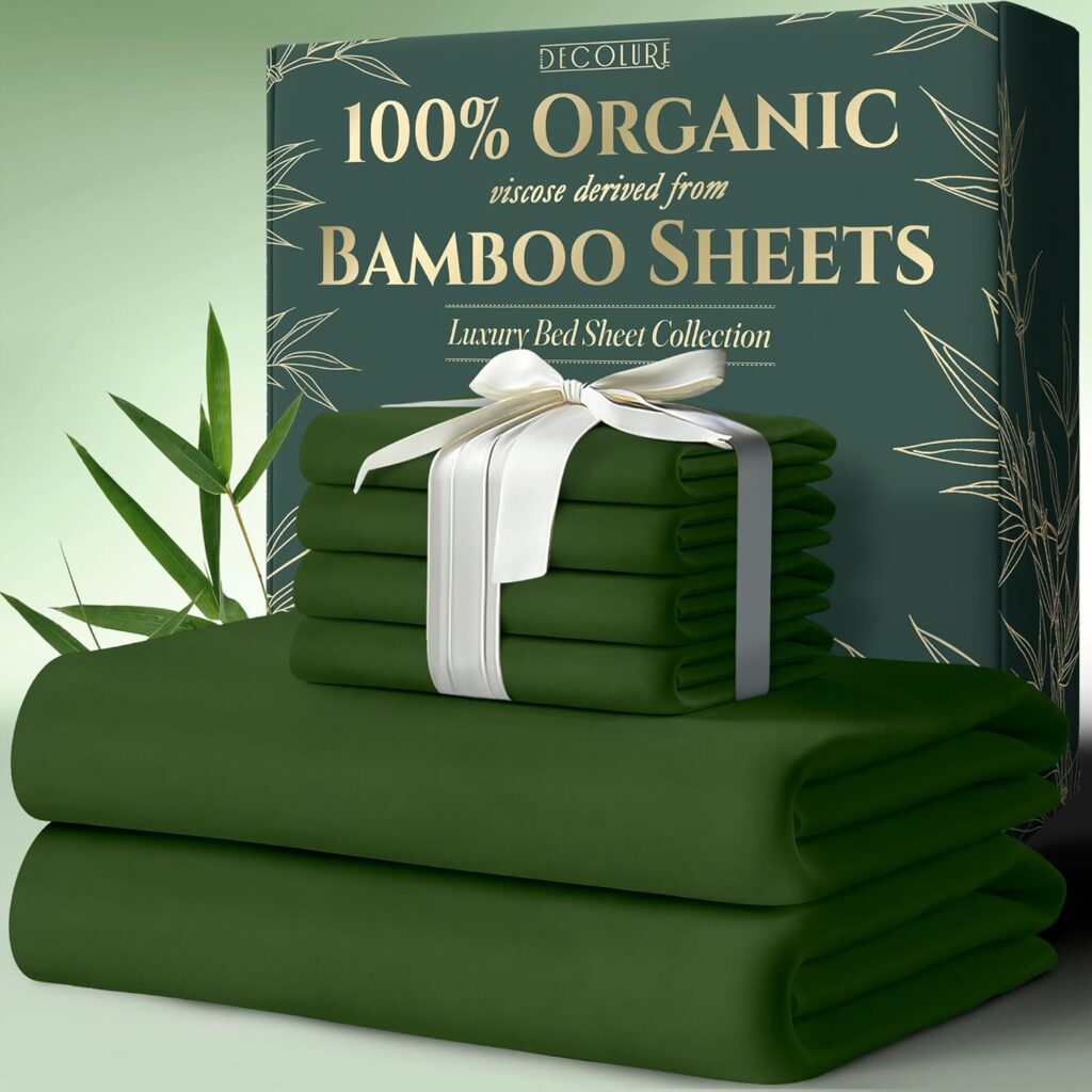DECOLURE 100% Organic Viscose Derived from Bamboo Sheets Queen Size 6pcs - Ultra Soft  Luxuriously Cooling, 17 Deep Pocket, Double Stitching, Perfect for Hot Sleepers - Queen Bed Sheets (Olive)