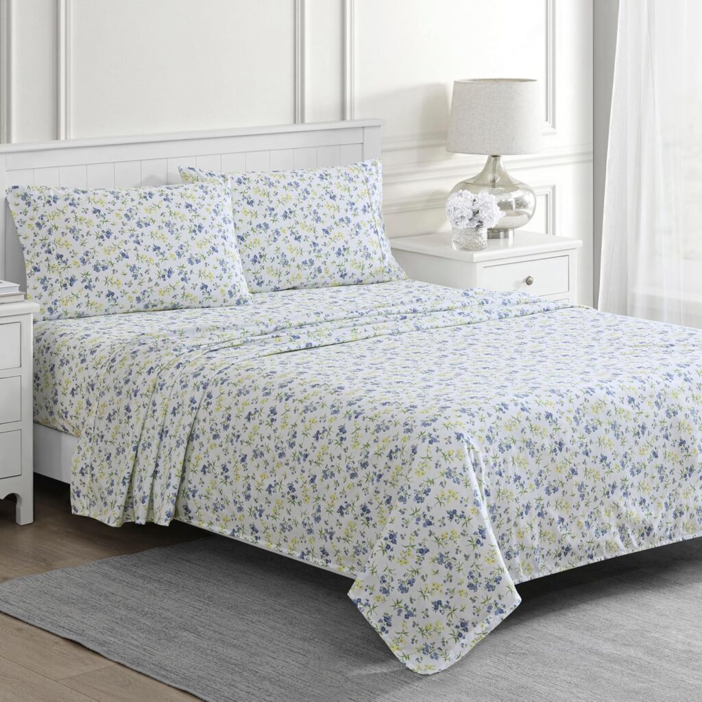 Martha Stewart Ruth Ditsy Floral 300TC 100% Cotton Percale Sheet Set, Blue/White, 4 Piece - 1 Flat Sheet, 1 Fitted Sheet, 2 Std Pillowcases, Breathable Cotton Printed Bed Sheets, Queen Size