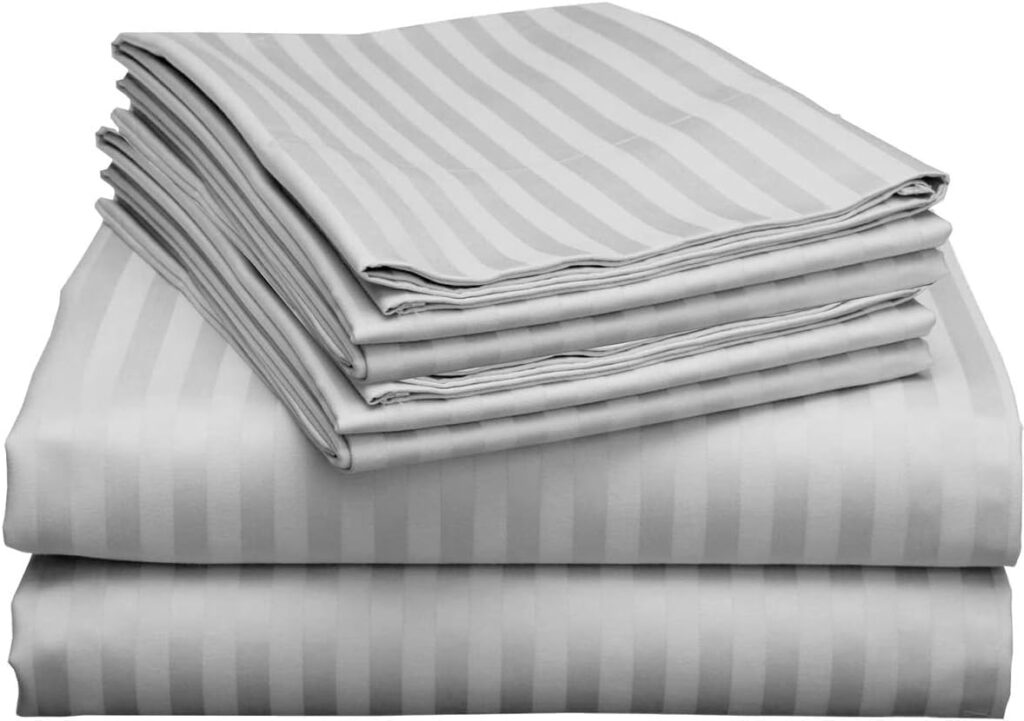 Mattress-Homes 6 Piece King Sheet Set, Hotel Luxury Collection, 100% Egyptian Cotton, 18 Inch Deep Pocket Fitted Sheet, Soft  Cool, Breathable Bedding with 4 Pillowcases in Light Grey Stripe